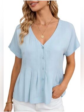 NWT Light Blue V-Neck Linen Blend Top-S